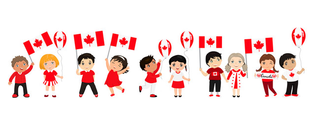 Funny kids of different races with various hairstyles with flags. graphic design to the Canada holidays.