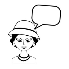 fashionable woman with hat retro with speech bubble vector illustration black and white