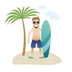 Obraz na płótnie Canvas Summer banner man on the beach is standing under palm