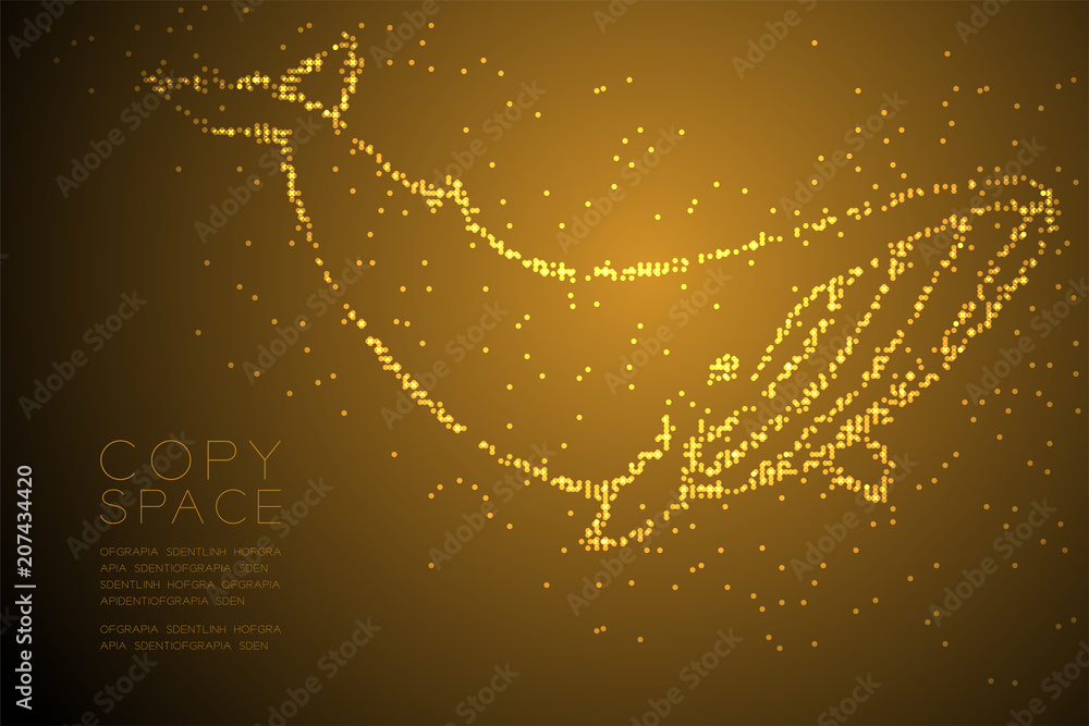 Poster abstract geometric circle dot pixel pattern whale shape, aquatic and marine life concept design gold