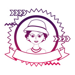 elegant woman with hat character retro stamp vector illustration neon design