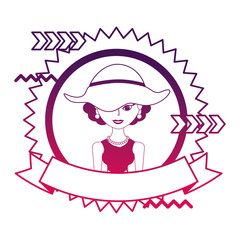 elegant woman with hat character retro stamp vector illustration neon design