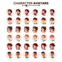 Fototapeta premium People Avatar Set Vector. Man, Woman. User Person. Trendy Image. Comic Face Art. Cheerful Worker. Round Portrait. Cute Employer. Flat Cartoon Character Illustration