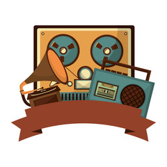 video tape player with gramophone and radio retro vector illustration design