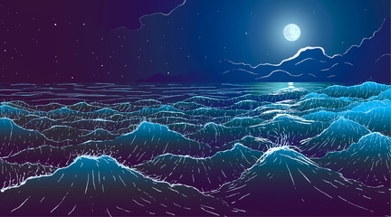Naklejka premium Vector large ocean waves and full moon at night