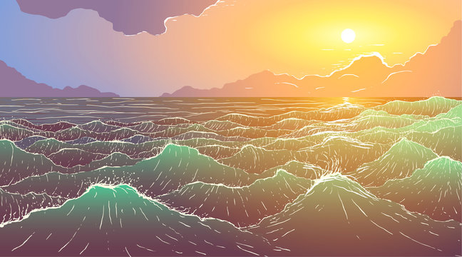 Vector large ocean waves at sunset