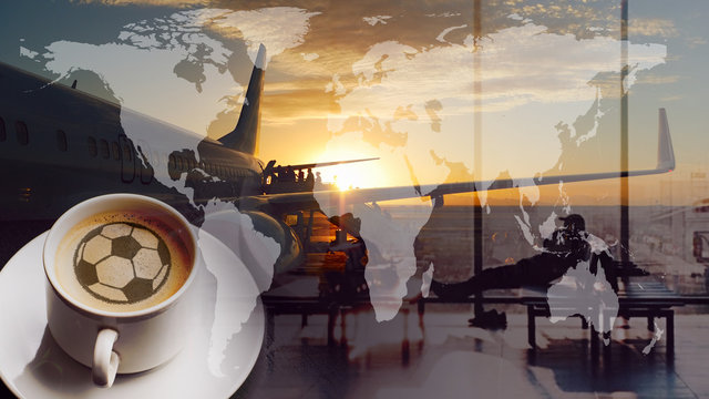 World Cup of coffee. Airport and soccer or football sign. Global map and boarding queue. Double exposure collage. Elements of this image furnished by NASA