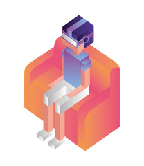 futuristic man sitting in sofa with reality virtual mask isometric vector illustration design