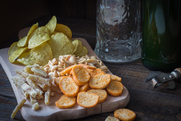 Snacks for beer and beer mug.