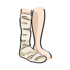 graphic design editable for your design, hand drawn fractured leg with bandage isolated on white background. vector illustration.