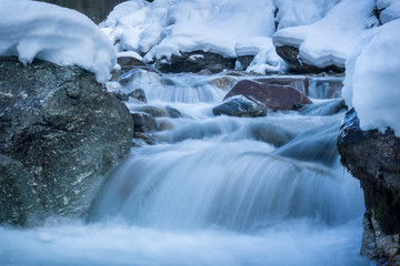 Long exposure shot of river in winter in Switzerland.