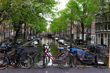 Fototapeta na wymiar Water canal in Amsterdam with a bicycle wheel