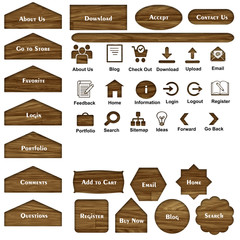 A set of web elements which include different sizes and shapes of buttons, text, and icons.