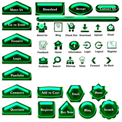 A set of web elements which include different sizes and shapes of buttons, text, and icons.