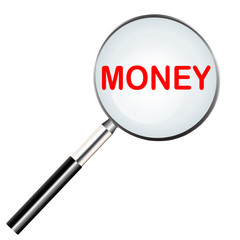 Word of money highlighted with red color in magnifier icon or searching icon