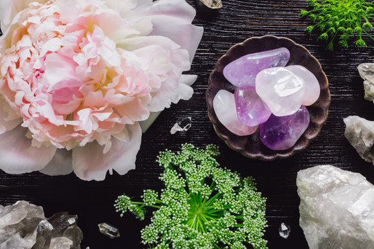 Amethyst, Rose Quartz and Quartz with Peony and Queen Anne's Lace