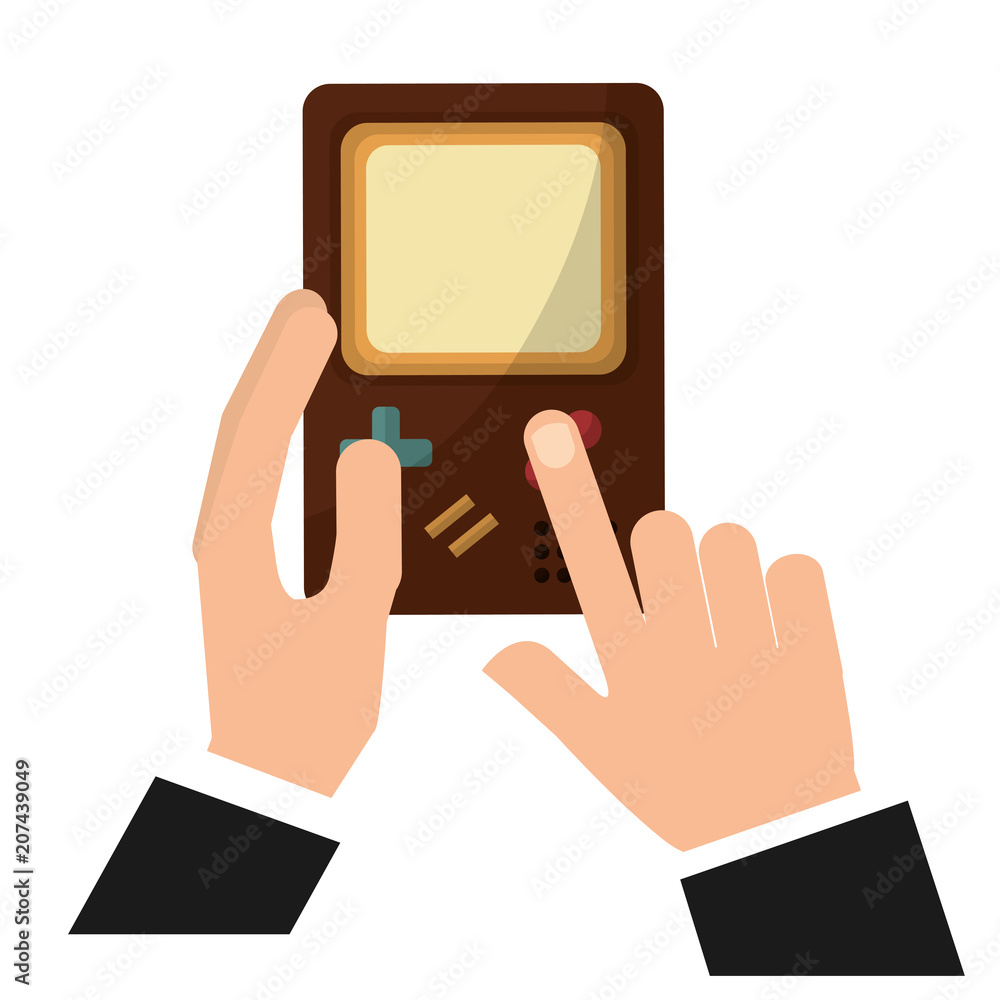 Poster hands with game pad retro style vector illustration design