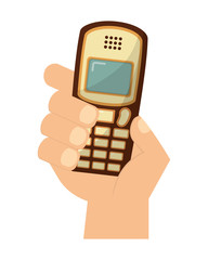 hand with old cellphone retro style vector illustration design