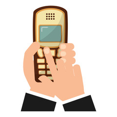 hand with old cellphone retro style vector illustration design