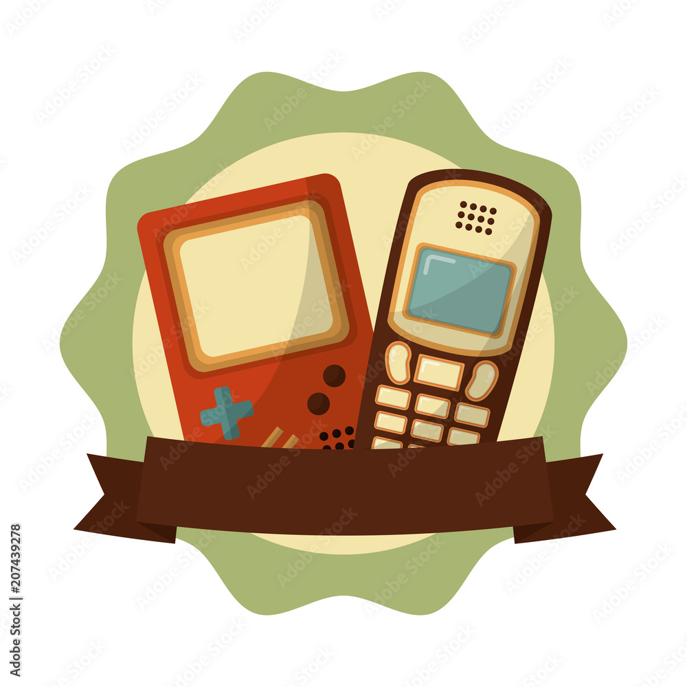 Poster frame with game pad and cellphone retro style vector illustration design