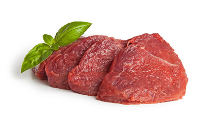 Beef slices with basil, isolated on white background.