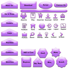 A set of web elements which include different sizes and shapes of buttons, text, and icons.