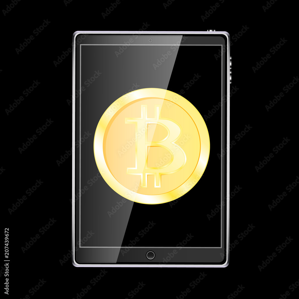 Poster a large black realistic mobile smart touch-sensitive slim tablet computer with a gold coin bitcoin, 