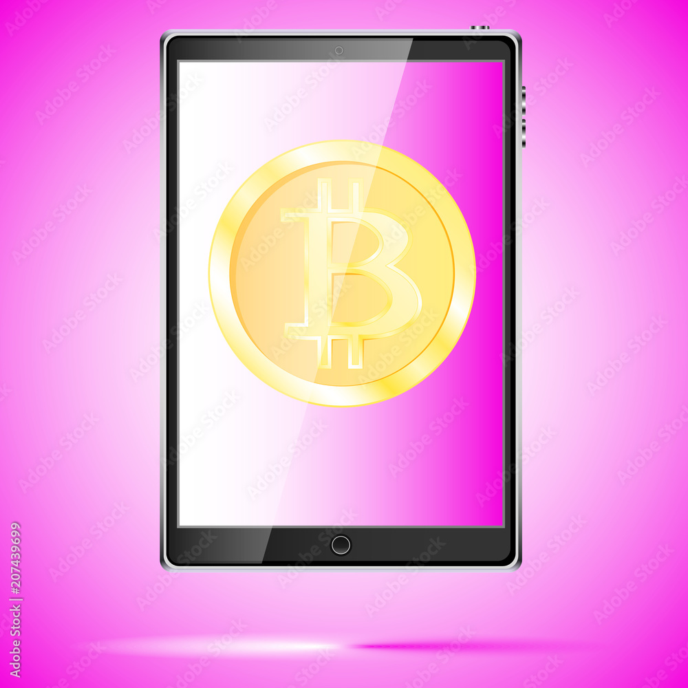 Poster a large black realistic mobile smart touch-sensitive slim tablet computer with a gold coin bitcoin, 