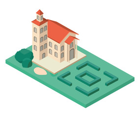 school building with landscape isometric vector illustration design