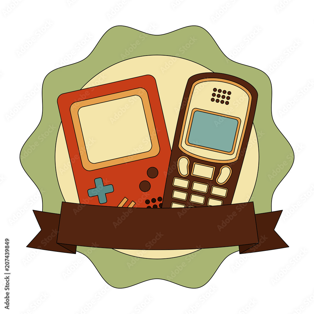 Poster frame with game pad and cellphone retro style vector illustration design