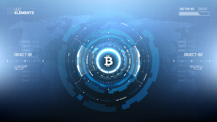 Bitcoin cryprocurrency futuristic vector infographics. Worldwide digital money technology