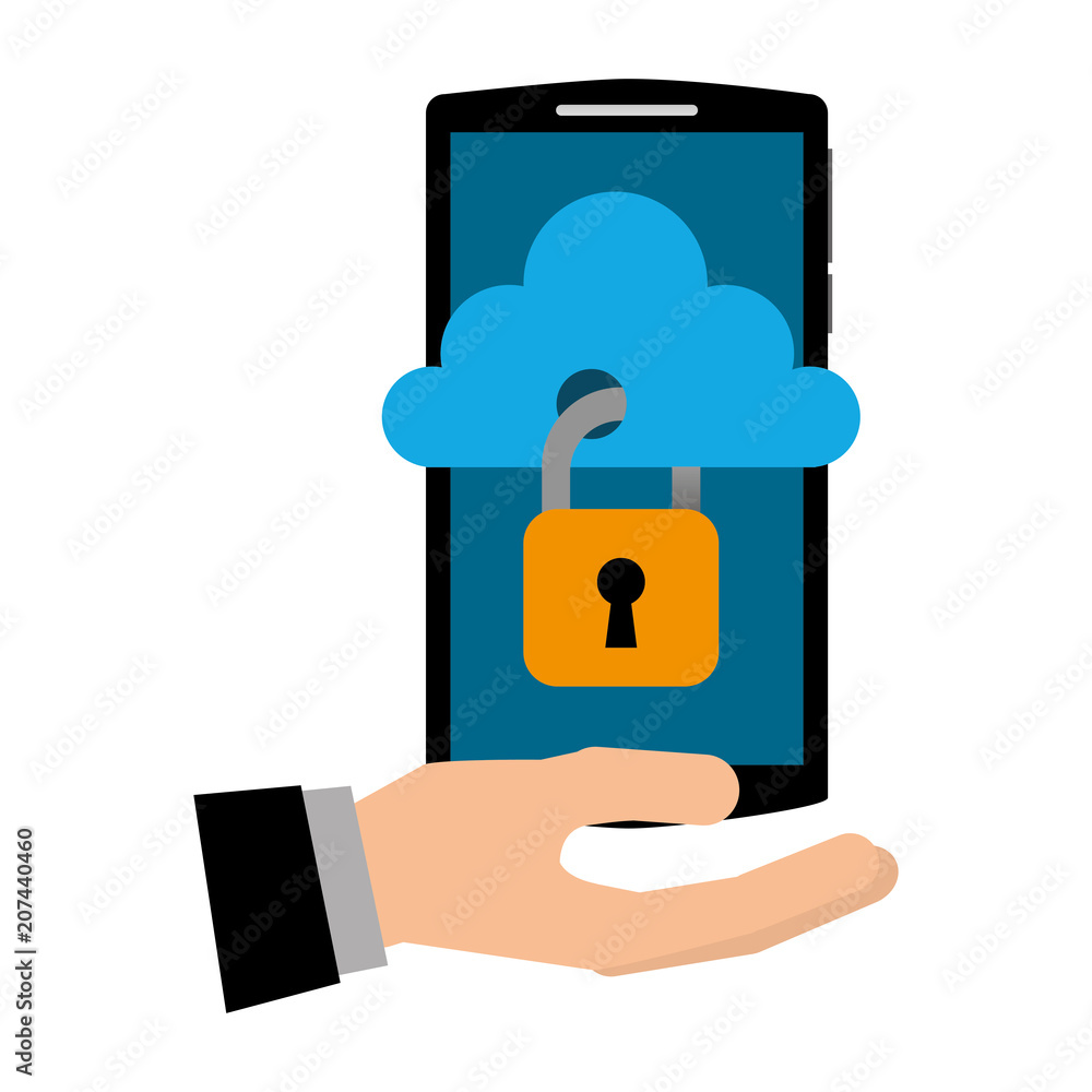 Poster hand with smartphone and cloud computing isolated icon vector illustration design
