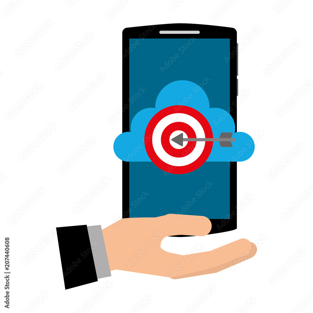 Poster hand with smartphone and cloud computing isolated icon vector illustration design