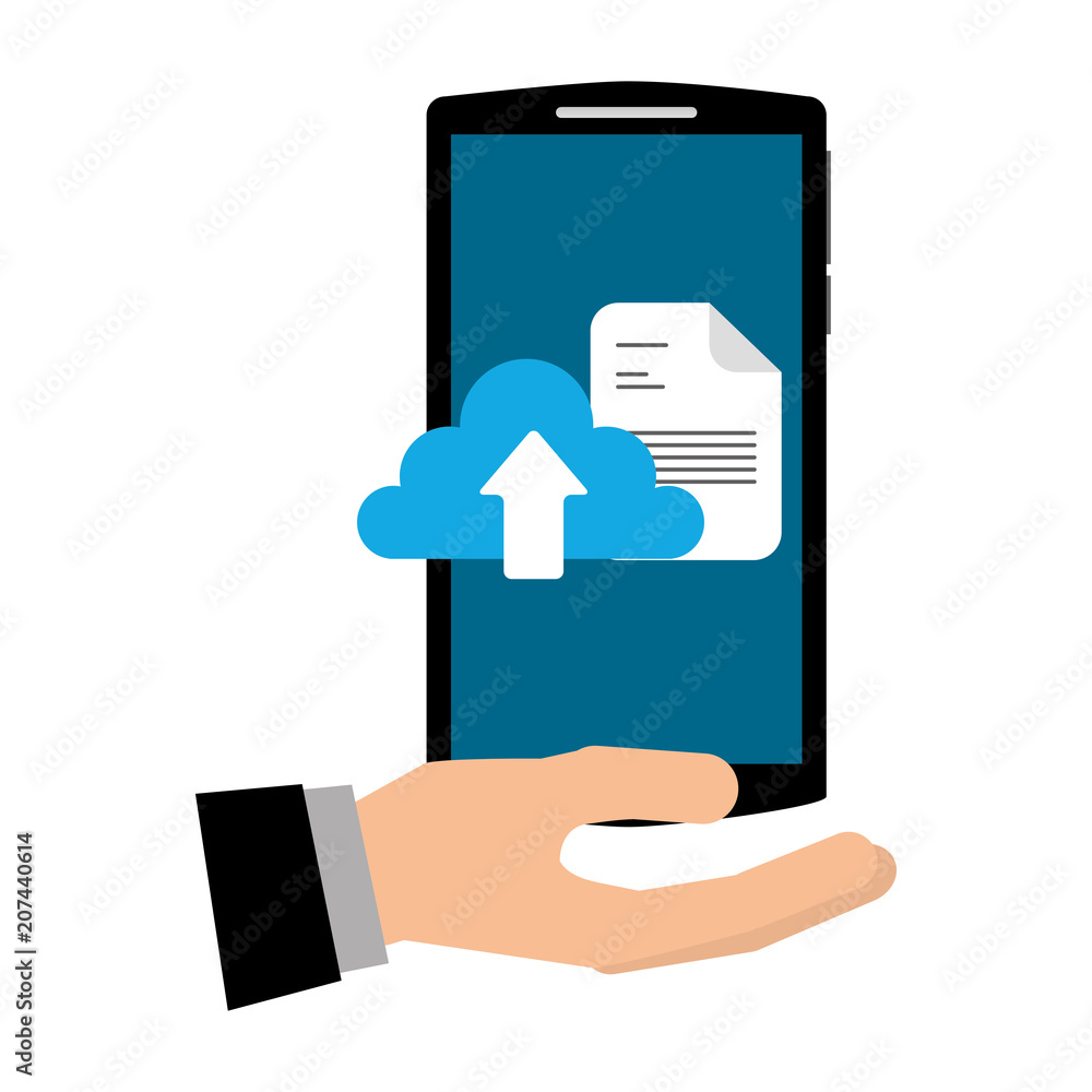 Poster hand with smartphone and cloud computing isolated icon vector illustration design
