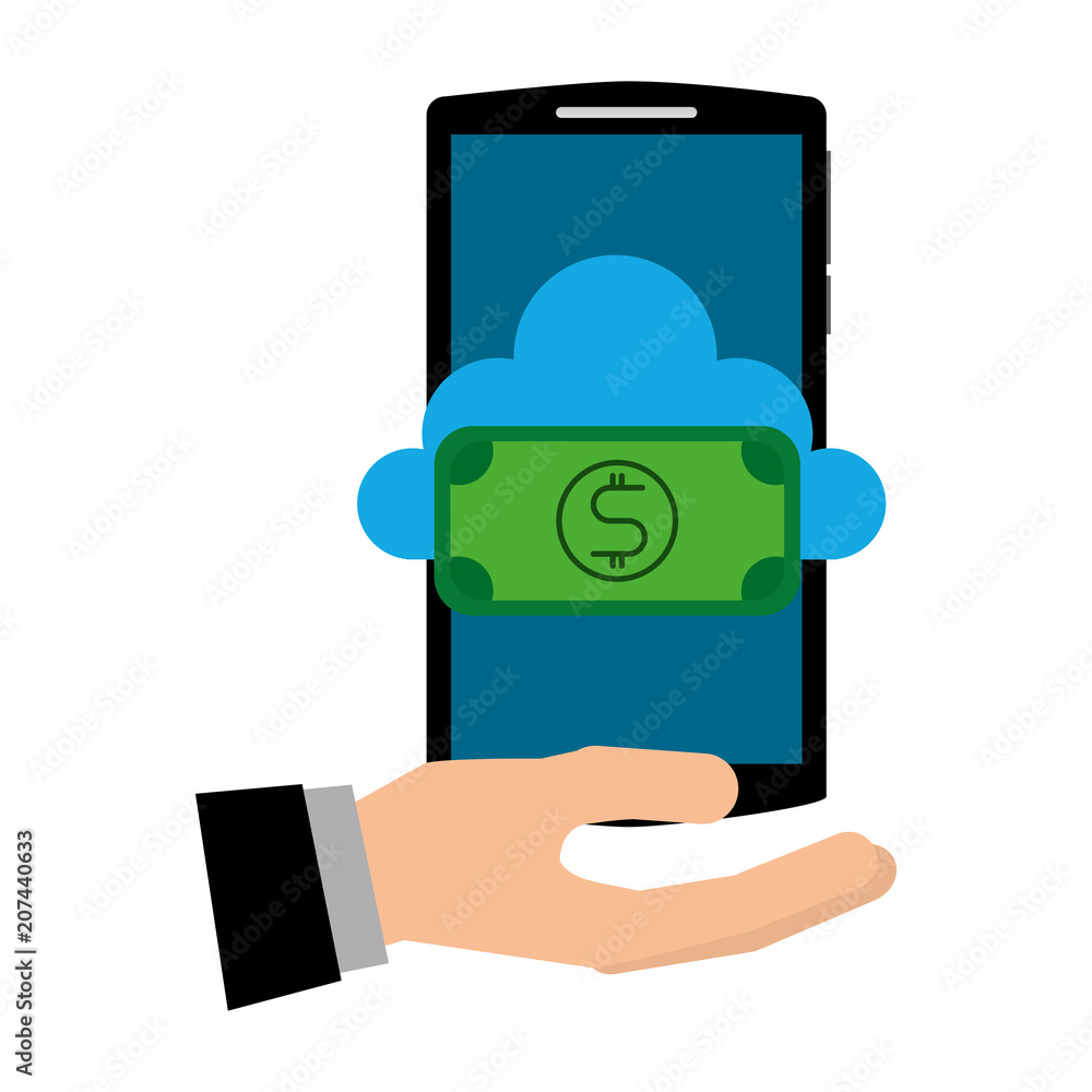 Poster hand with smartphone and cloud computing isolated icon vector illustration design