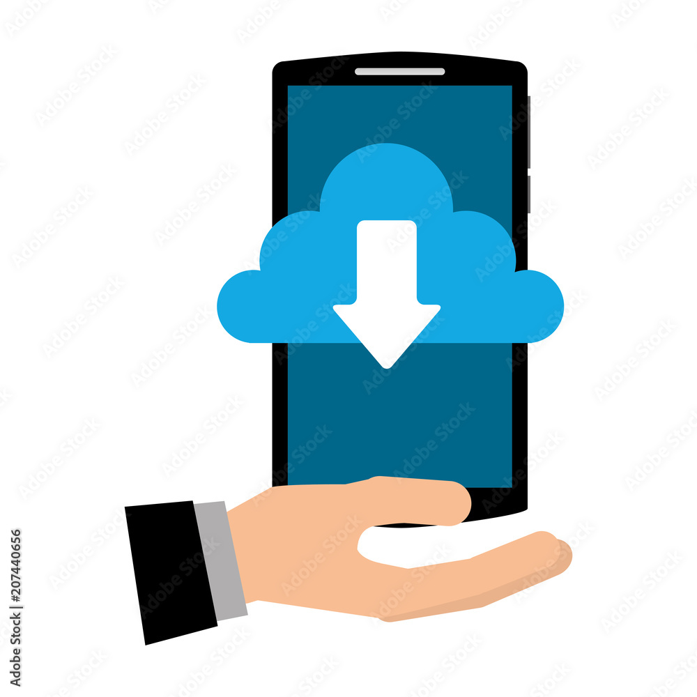 Poster hand with smartphone and cloud computing isolated icon vector illustration design