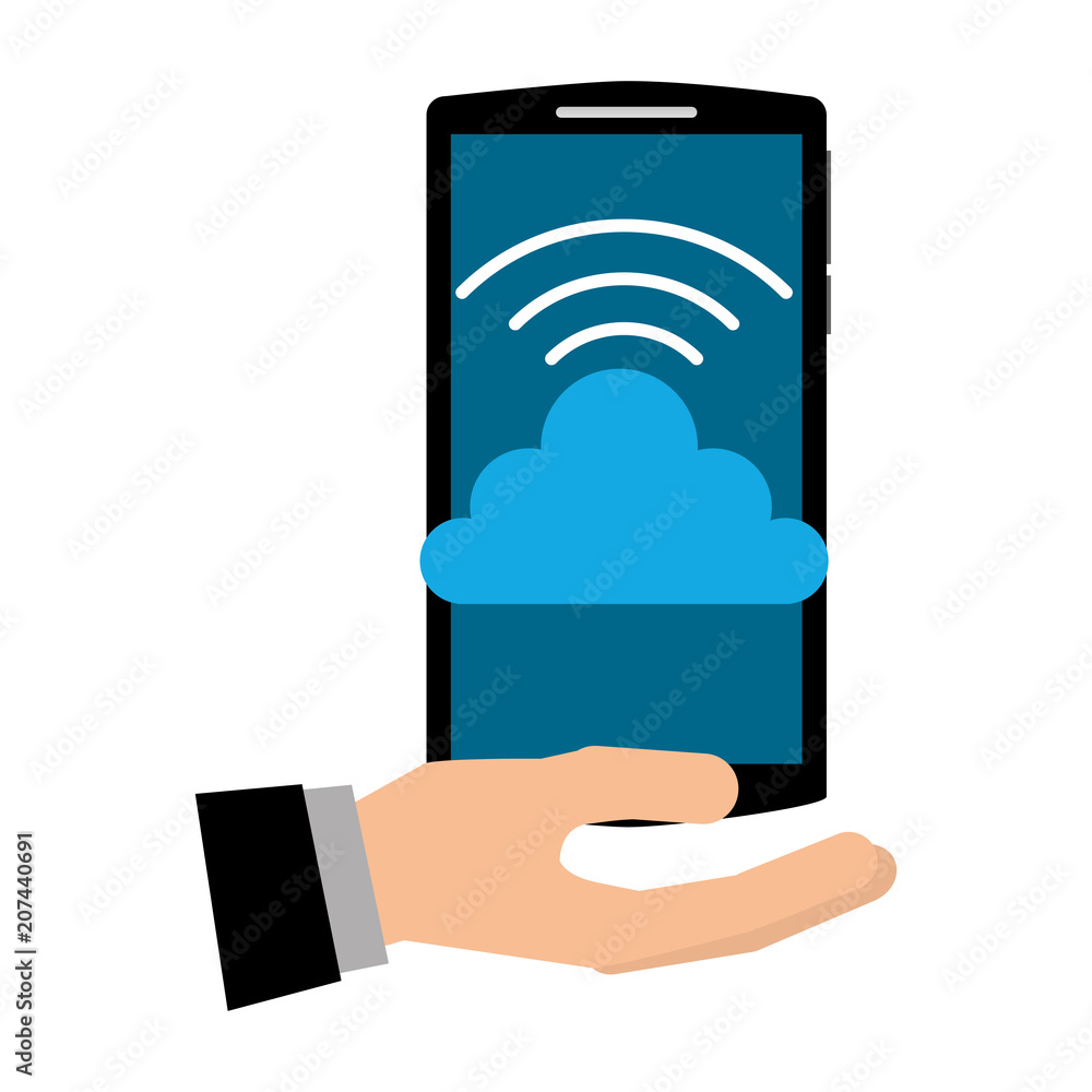 Poster hand with smartphone and cloud computing isolated icon vector illustration design
