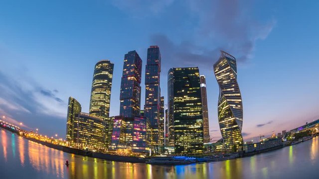 Moscow city skyline day to night timelapse at business center district and Moscow River, Moscow Russia 4K Time Lapse