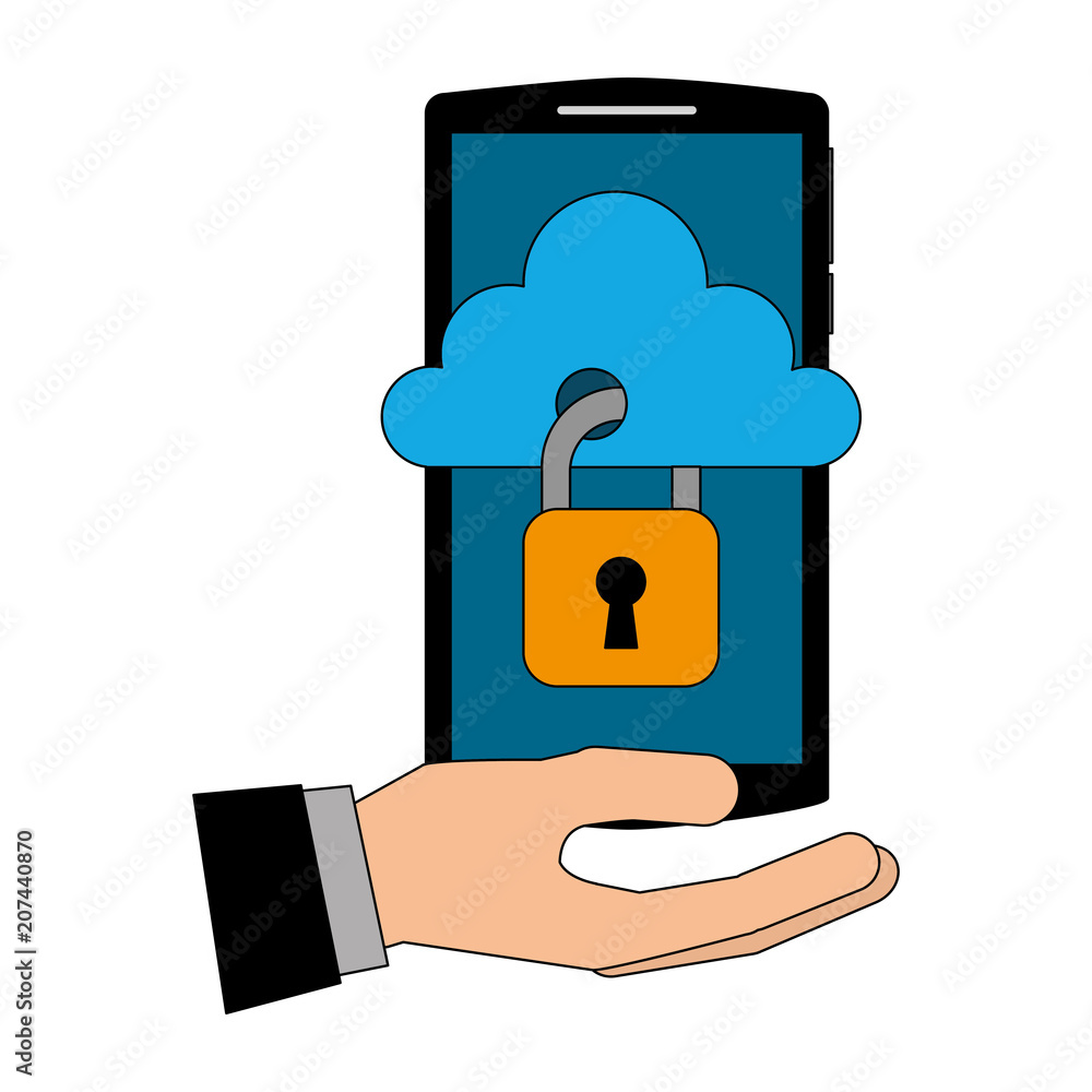 Poster hand with smartphone and cloud computing isolated icon vector illustration design