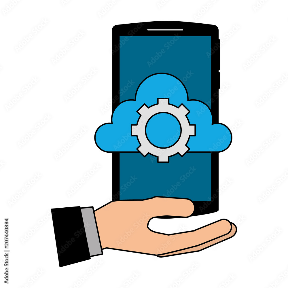 Aufkleber hand with smartphone and cloud computing isolated icon vector illustration design