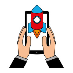 hand with smartphone device and rocket isolated icon vector illustration design