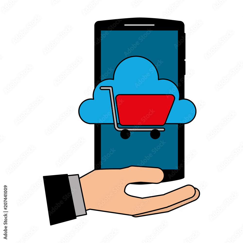 Poster hand with smartphone and cloud computing isolated icon vector illustration design