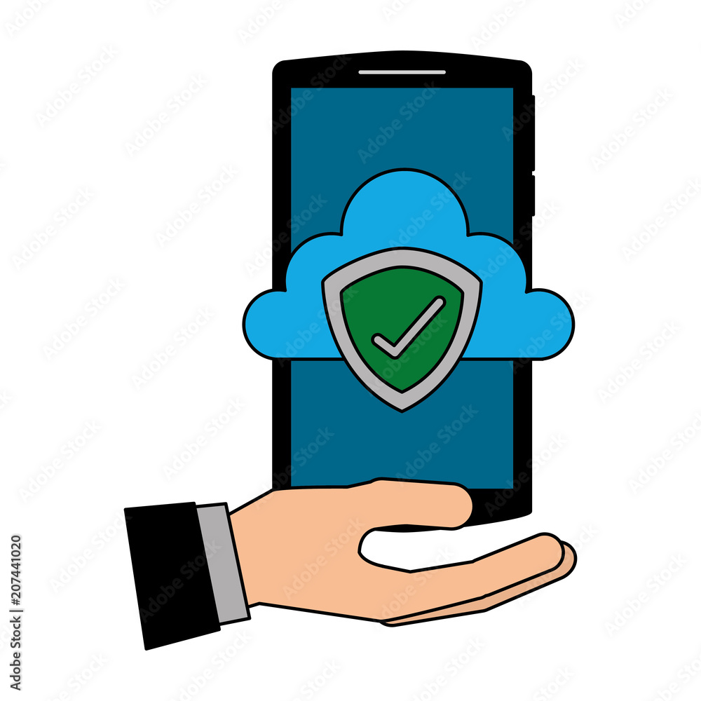 Poster hand with smartphone and cloud computing isolated icon vector illustration design