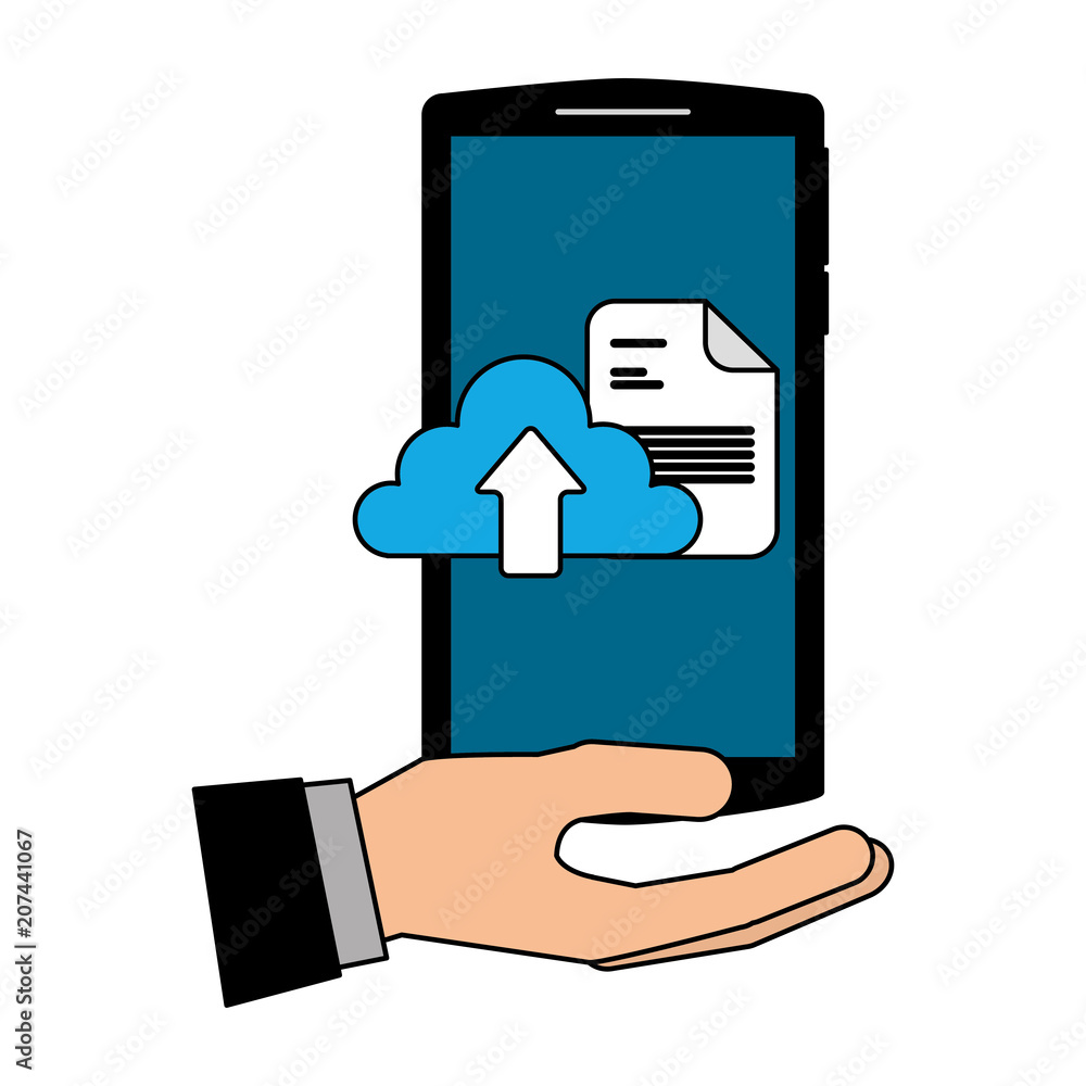 Poster hand with smartphone and cloud computing isolated icon vector illustration design