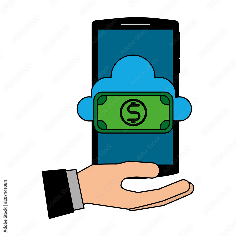 Poster hand with smartphone and cloud computing isolated icon vector illustration design