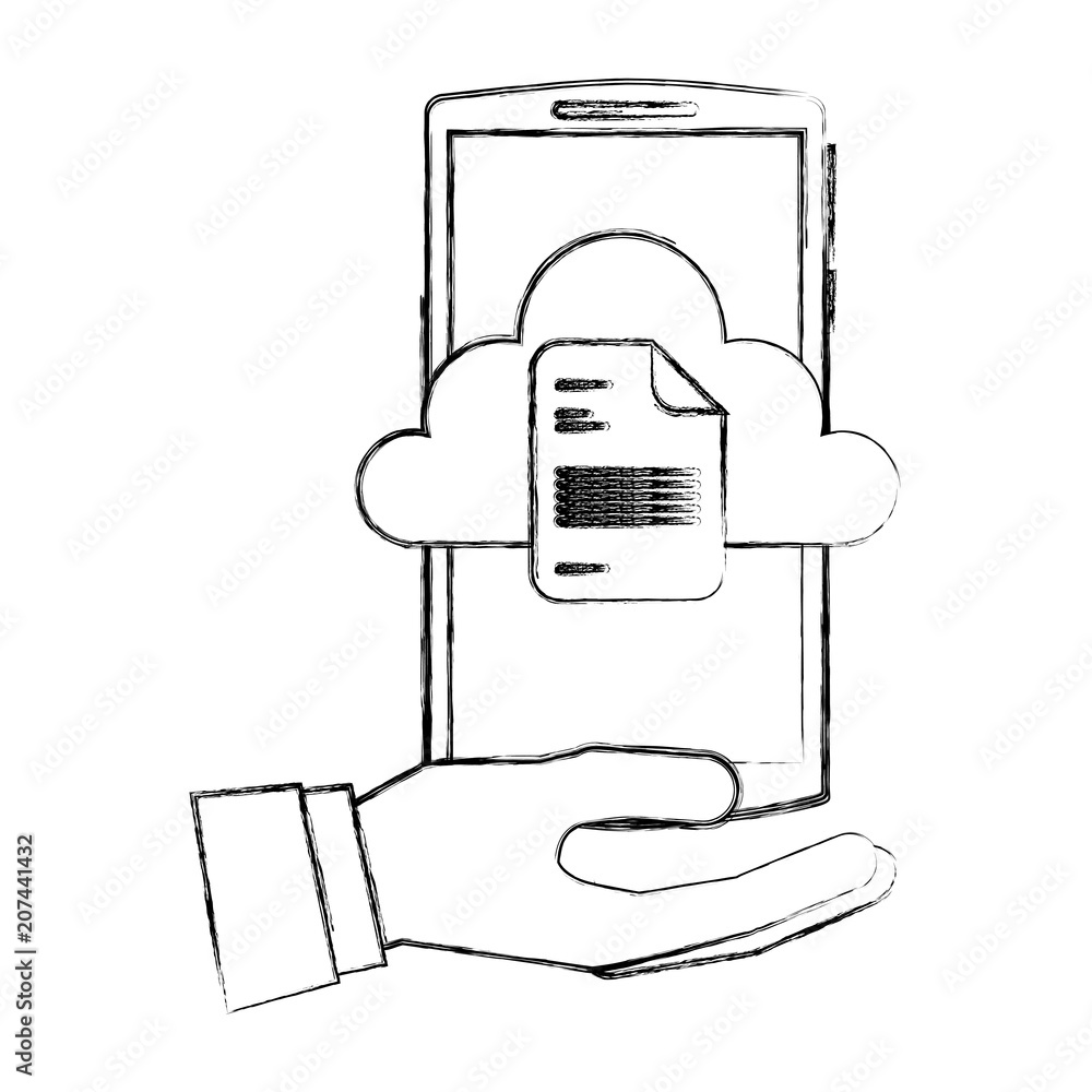 Poster hand with smartphone and cloud computing isolated icon vector illustration design