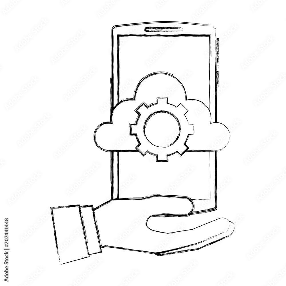 Poster hand with smartphone and cloud computing isolated icon vector illustration design