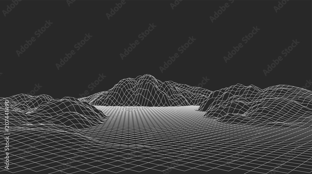Poster abstract vector wireframe landscape. abstract mesh landscapes. polygonal mountains. vector illustrat