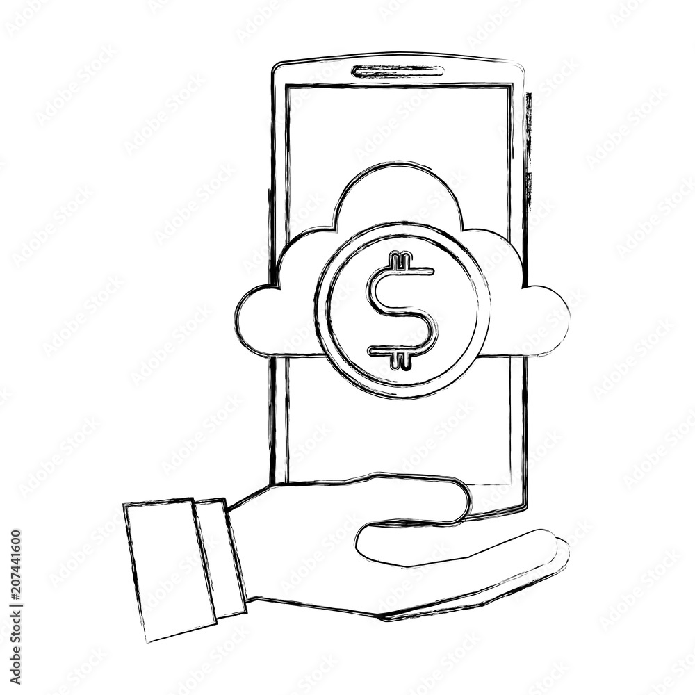 Poster hand with smartphone and cloud computing isolated icon vector illustration design