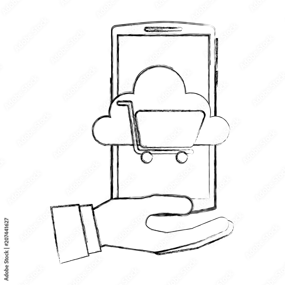 Poster hand with smartphone and cloud computing isolated icon vector illustration design
